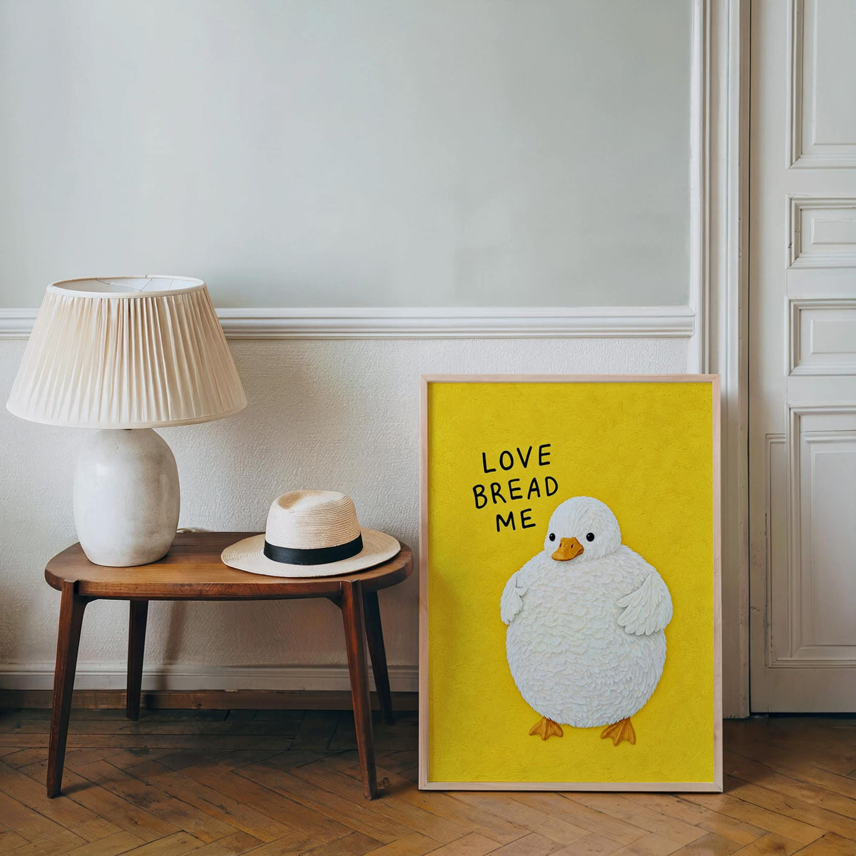 Funny Fluffy Duck Print, Love Bread Me Quote Wall Art, Cute Whimsical Poster, Quirky Bird Lover Gift, Kitchen Foodie Decor