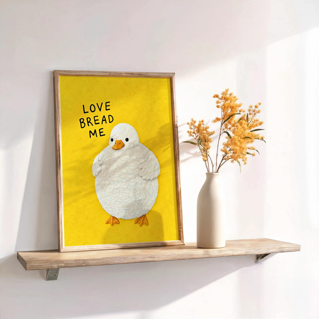 Funny Fluffy Duck Print, Love Bread Me Quote Wall Art, Cute Whimsical Poster, Quirky Bird Lover Gift, Kitchen Foodie Decor