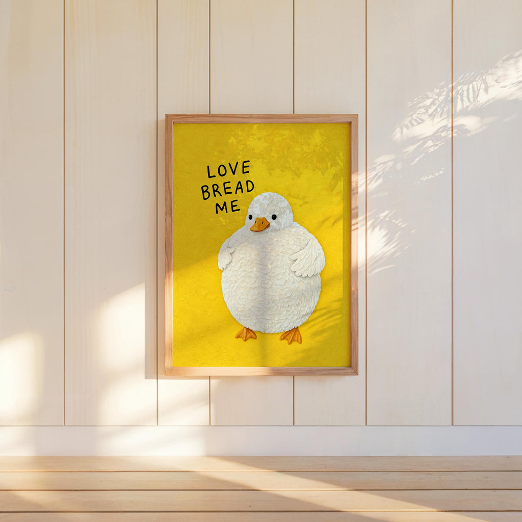 Funny Fluffy Duck Print, Love Bread Me Quote Wall Art, Cute Whimsical Poster, Quirky Bird Lover Gift, Kitchen Foodie Decor