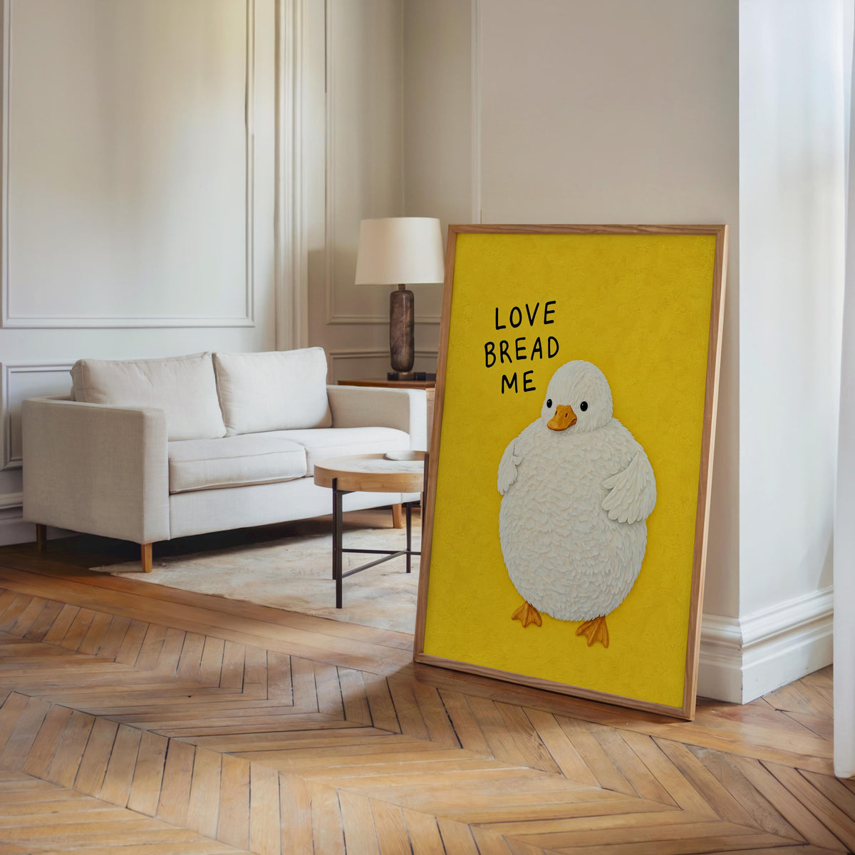 Funny Fluffy Duck Print, Love Bread Me Quote Wall Art, Cute Whimsical Poster, Quirky Bird Lover Gift, Kitchen Foodie Decor