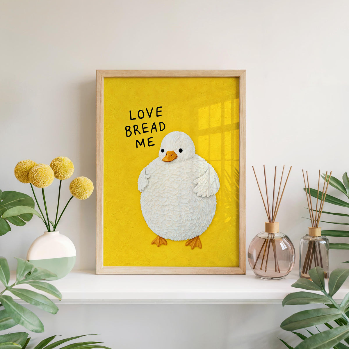 Funny Fluffy Duck Print, Love Bread Me Quote Wall Art, Cute Whimsical Poster, Quirky Bird Lover Gift, Kitchen Foodie Decor