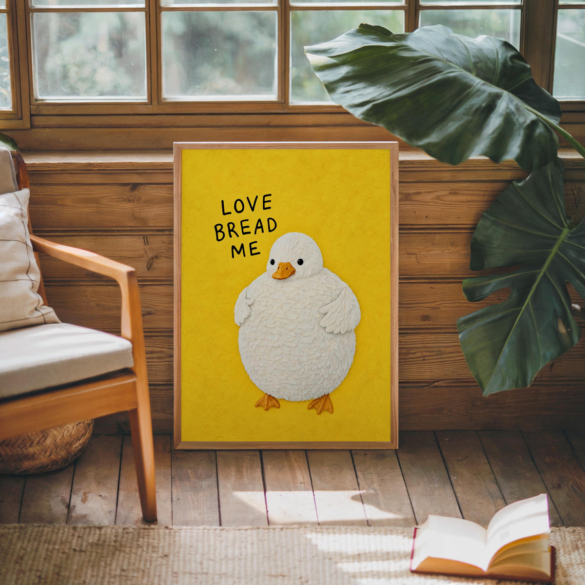 Funny Fluffy Duck Print, Love Bread Me Quote Wall Art, Cute Whimsical Poster, Quirky Bird Lover Gift, Kitchen Foodie Decor