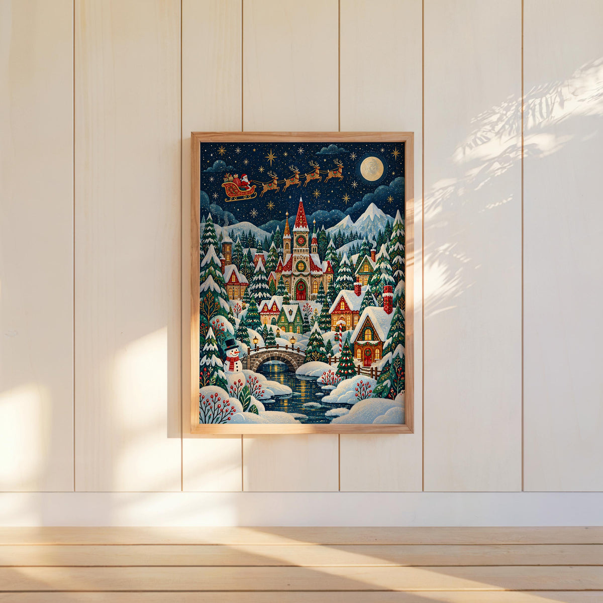 Christmas Village Night Folk Art, Vintage Xmas Illustration, Cozy Snowy Winter Holiday Decor, Whimsical Santa Claus Print, Kids Gift