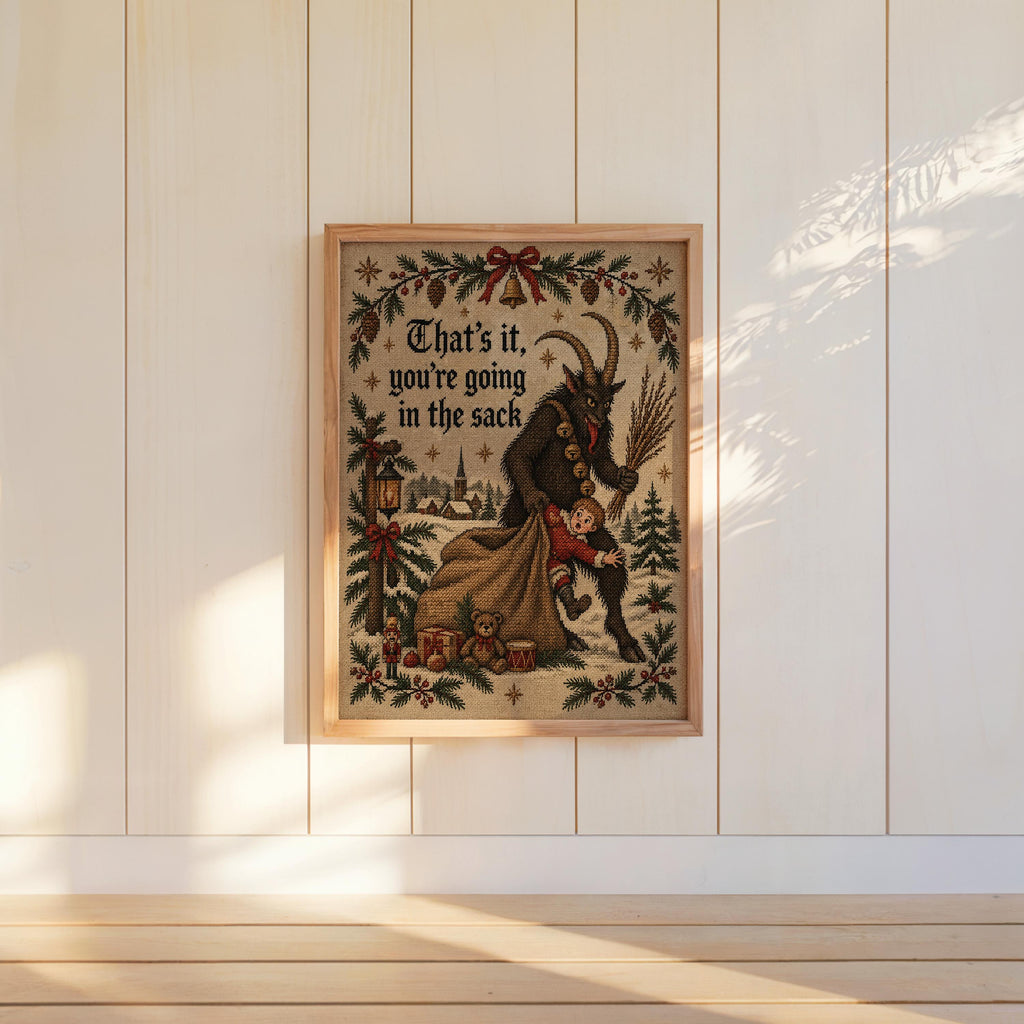Krampus Christmas Wall Art, Funny That's It You're Going In Sack Print, German Folklore Poster, Gothic Xmas Decor Occult Winter Cross Stitch