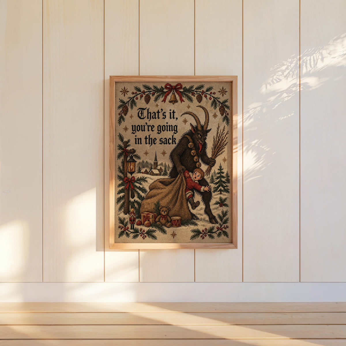 Krampus Christmas Wall Art, Funny That's It You're Going In Sack Print, German Folklore Poster, Gothic Xmas Decor Occult Winter Cross Stitch