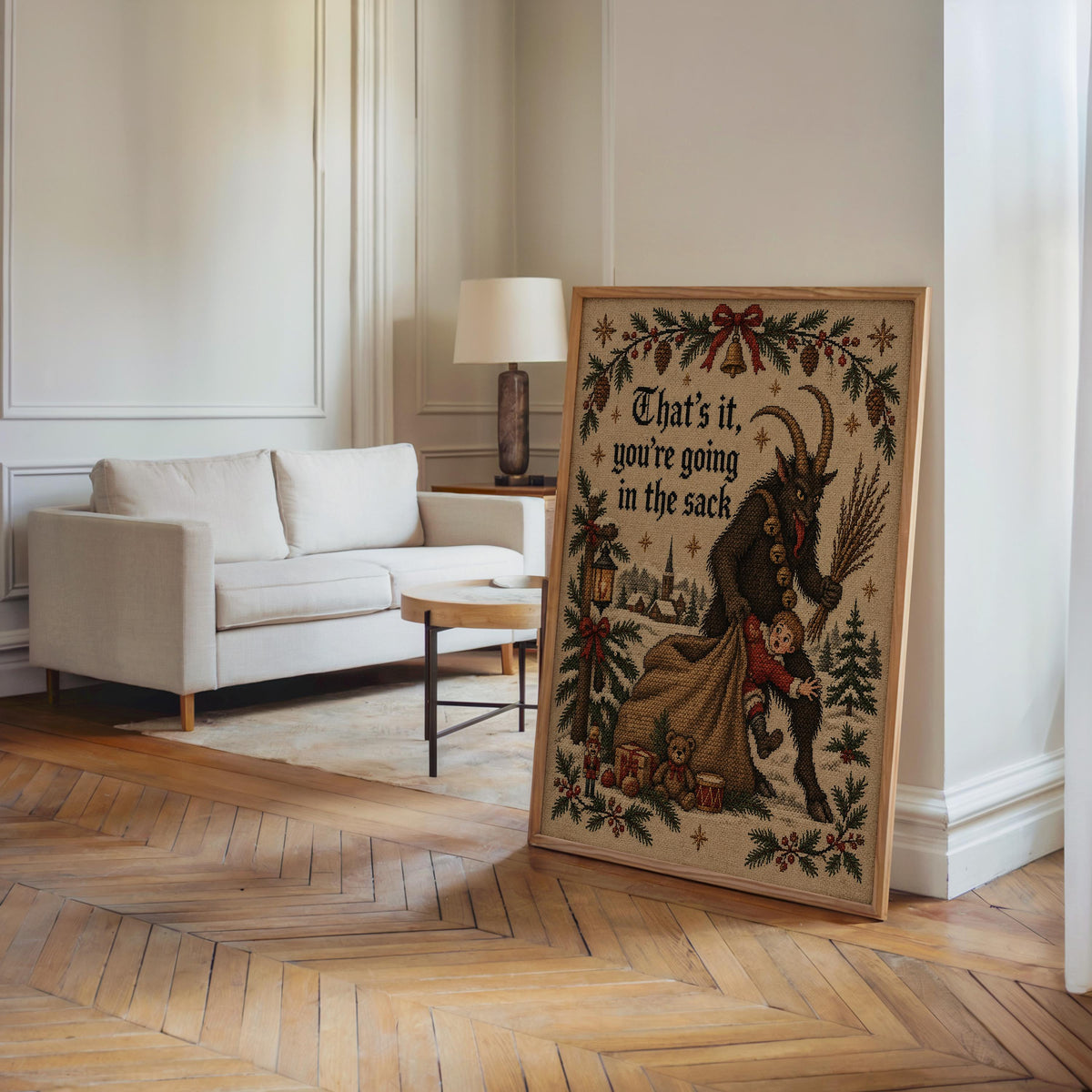 Krampus Christmas Wall Art, Funny That's It You're Going In Sack Print, German Folklore Poster, Gothic Xmas Decor Occult Winter Cross Stitch
