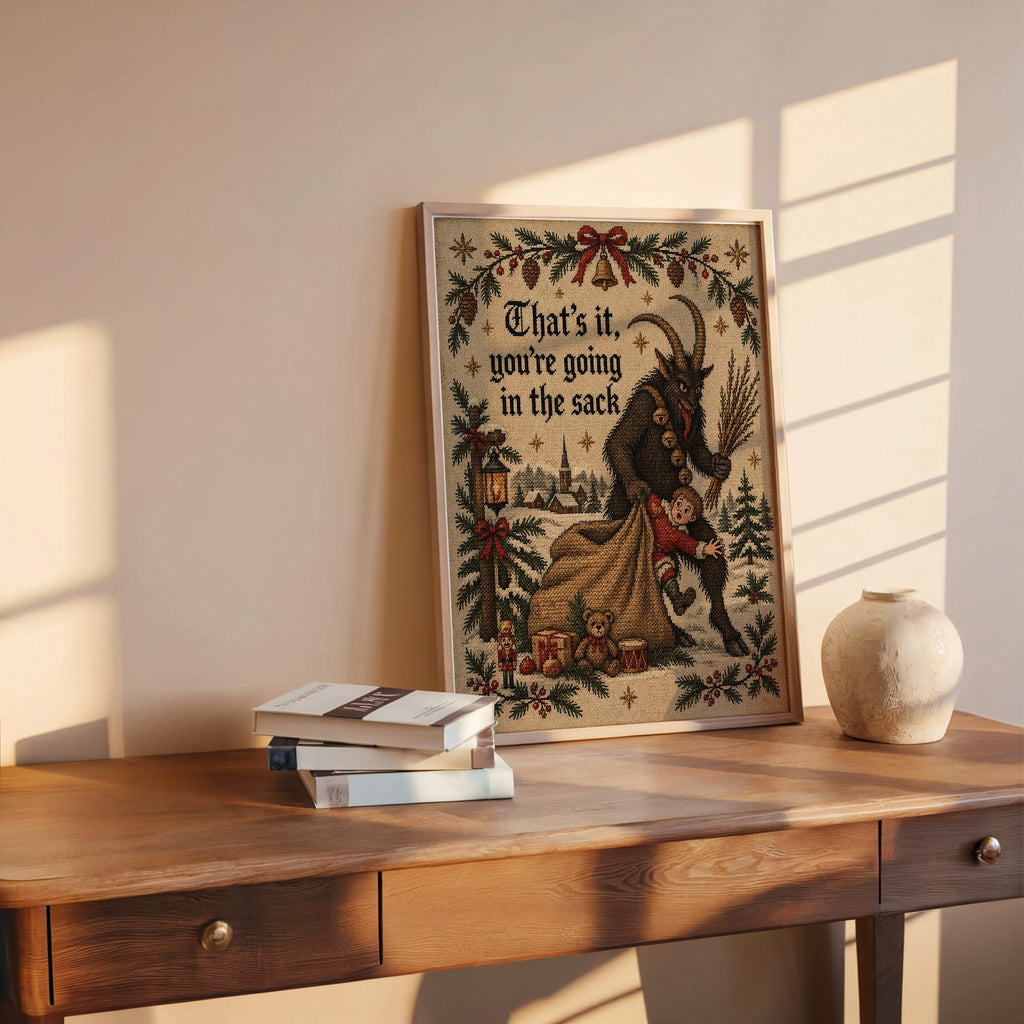 Krampus Christmas Wall Art, Funny That's It You're Going In Sack Print, German Folklore Poster, Gothic Xmas Decor Occult Winter Cross Stitch