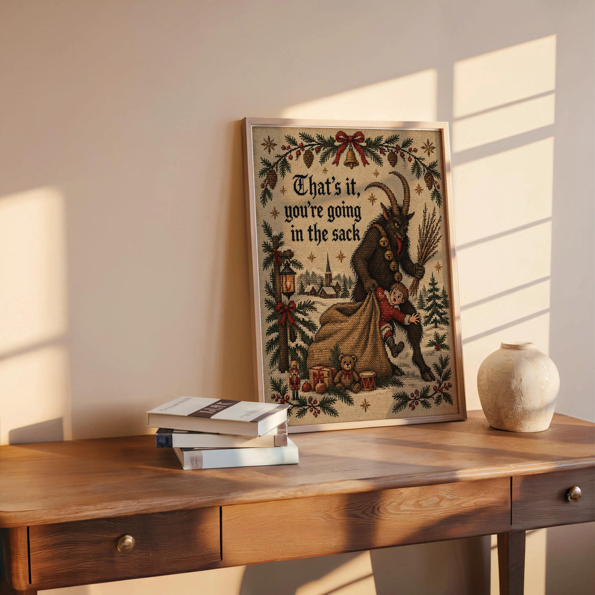 Krampus Christmas Wall Art, Funny That's It You're Going In Sack Print, German Folklore Poster, Gothic Xmas Decor Occult Winter Cross Stitch