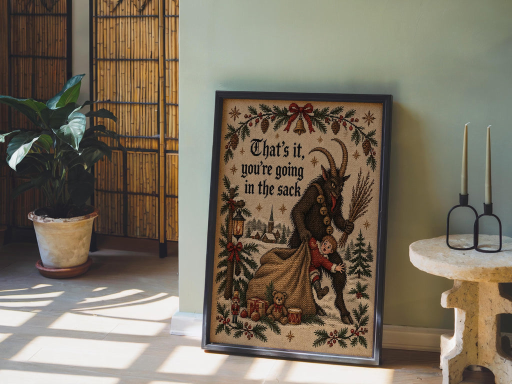 Krampus Christmas Wall Art, Funny That's It You're Going In Sack Print, German Folklore Poster, Gothic Xmas Decor Occult Winter Cross Stitch