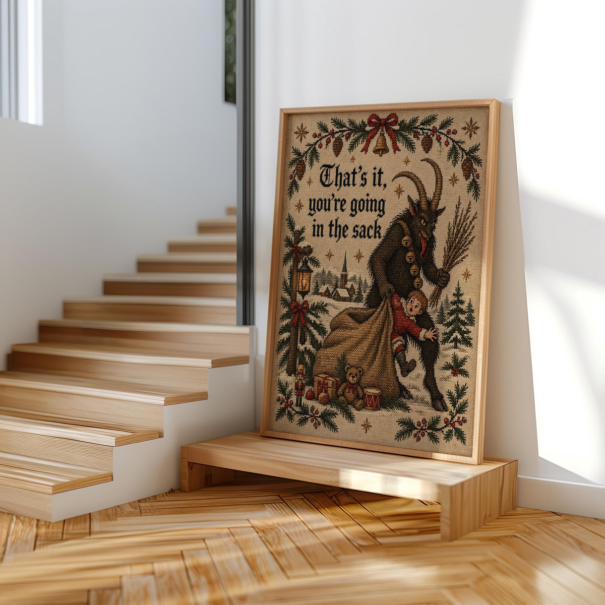 Krampus Christmas Wall Art, Funny That's It You're Going In Sack Print, German Folklore Poster, Gothic Xmas Decor Occult Winter Cross Stitch