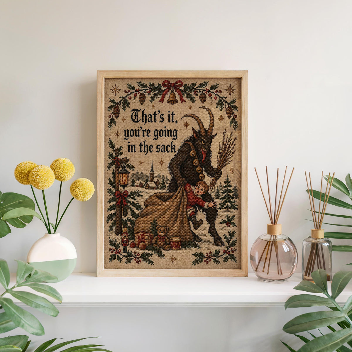 Krampus Christmas Wall Art, Funny That's It You're Going In Sack Print, German Folklore Poster, Gothic Xmas Decor Occult Winter Cross Stitch