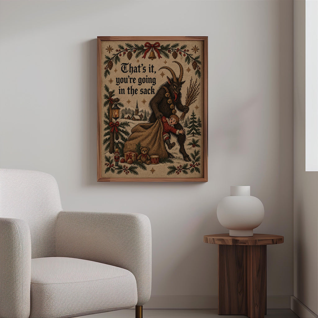 Krampus Christmas Wall Art, Funny That's It You're Going In Sack Print, German Folklore Poster, Gothic Xmas Decor Occult Winter Cross Stitch