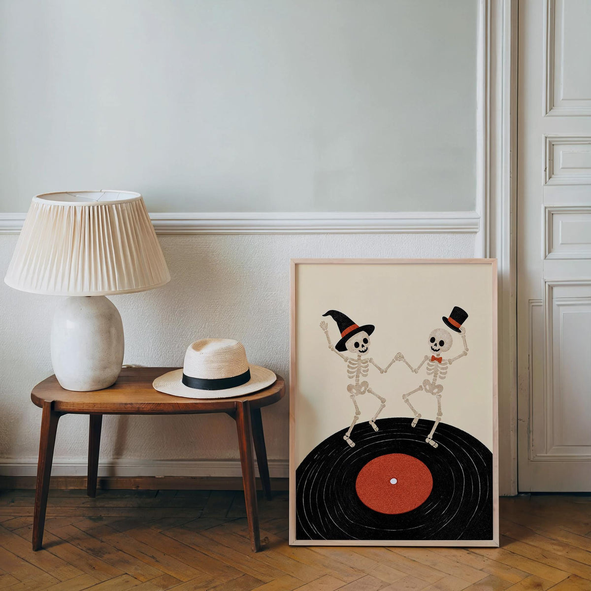 Dancing Skeleton Vinyl Record Wall Art, Retro Halloween Music Print, Spooky Party Poster, Gothic Home Decor, Music Lover Gift, Vinyl Gift
