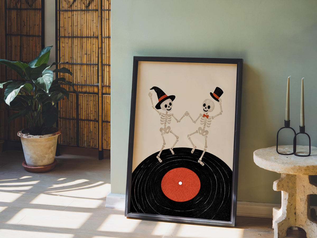 Dancing Skeleton Vinyl Record Wall Art, Retro Halloween Music Print, Spooky Party Poster, Gothic Home Decor, Music Lover Gift, Vinyl Gift