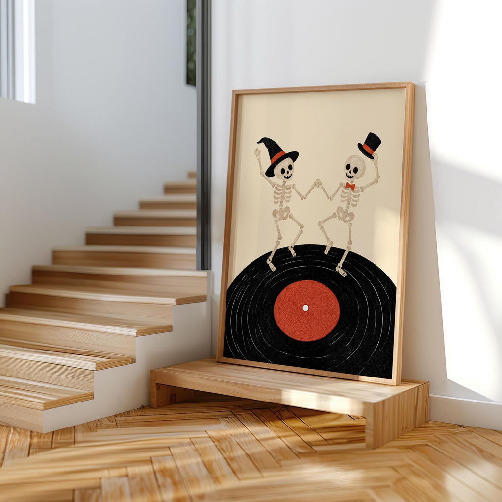 Dancing Skeleton Vinyl Record Wall Art, Retro Halloween Music Print, Spooky Party Poster, Gothic Home Decor, Music Lover Gift, Vinyl Gift