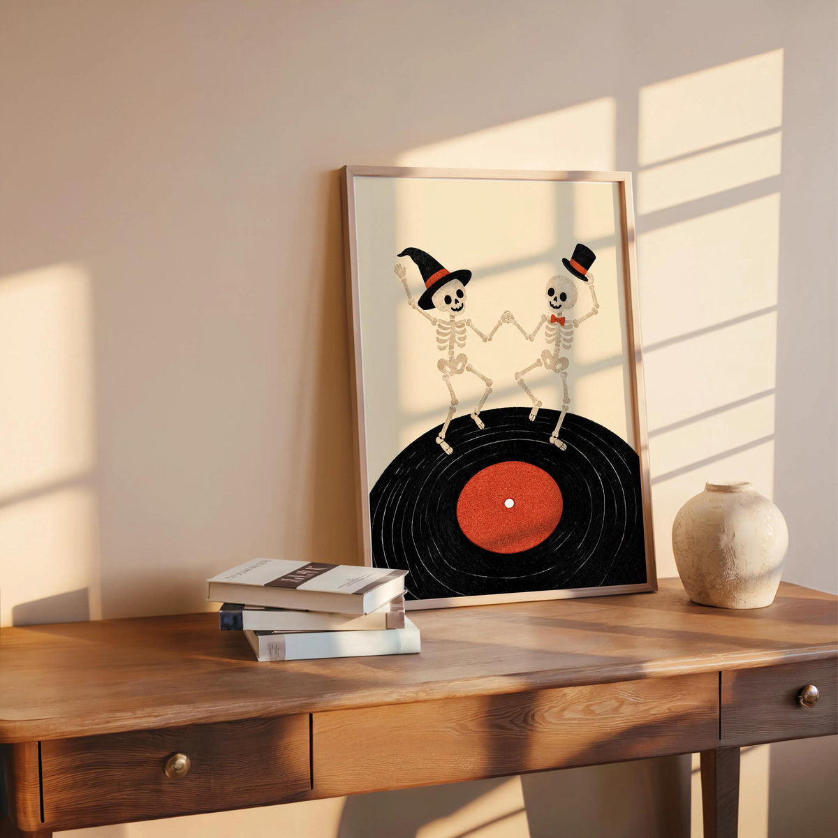 Dancing Skeleton Vinyl Record Wall Art, Retro Halloween Music Print, Spooky Party Poster, Gothic Home Decor, Music Lover Gift, Vinyl Gift