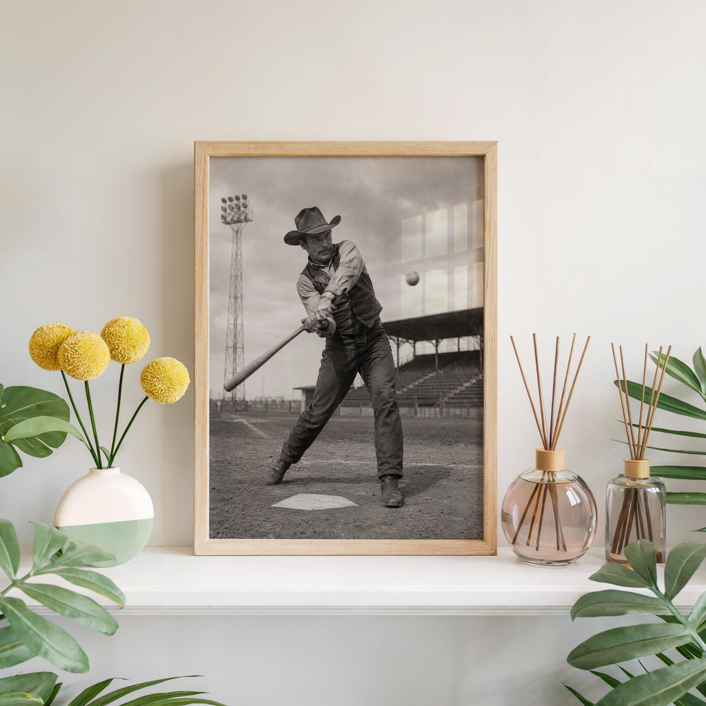 Cowboy Baseball Wall Art, Surreal Vintage Sports Photography, Western Americana Print, Funny Baseball Gift, Boys Room Decor