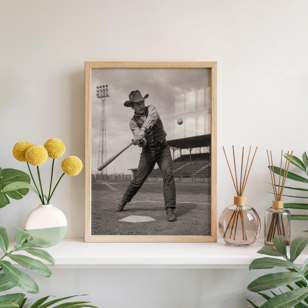 Cowboy Baseball Wall Art, Surreal Vintage Sports Photography, Western Americana Print, Funny Baseball Gift, Boys Room Decor