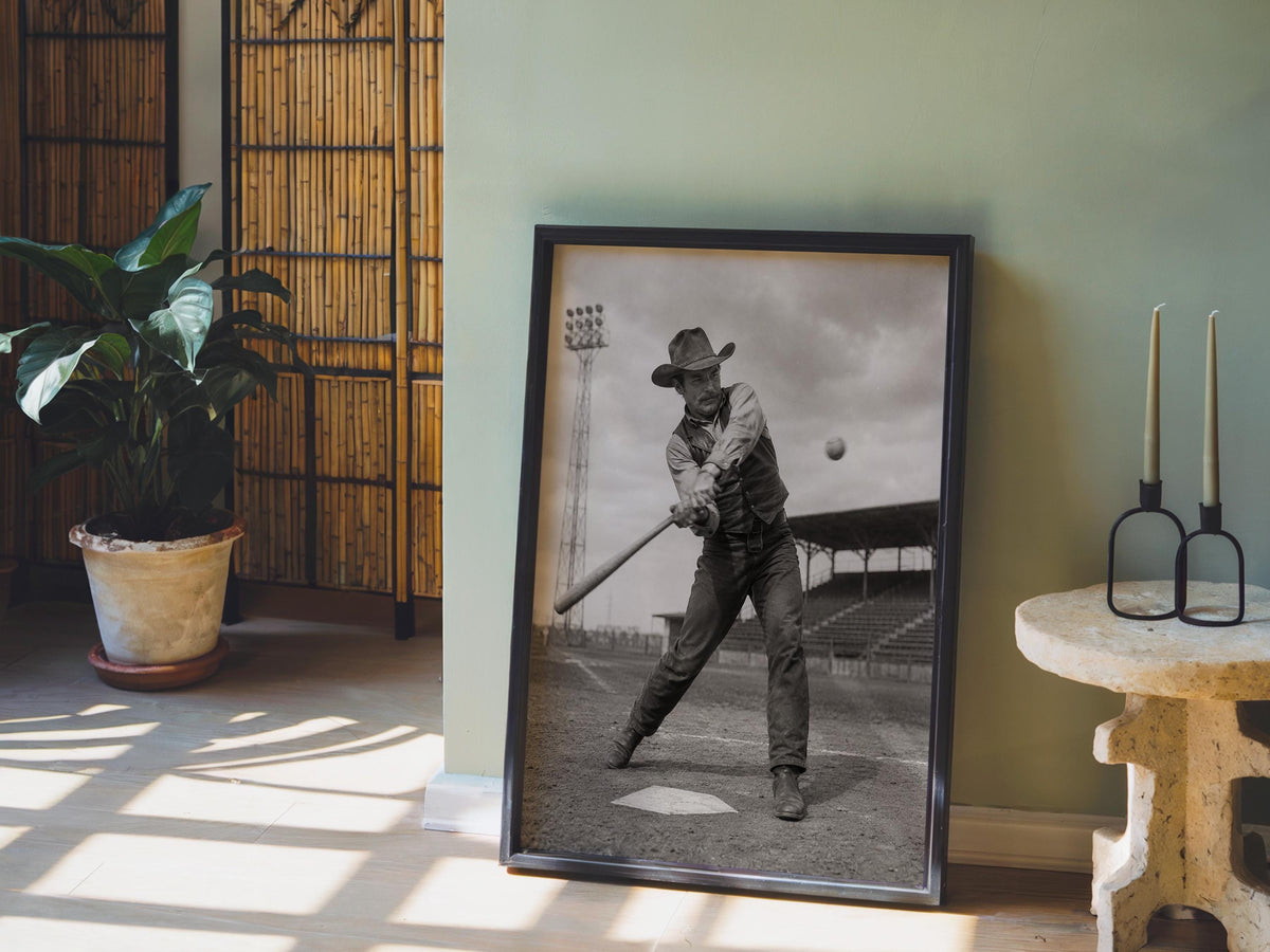 Cowboy Baseball Wall Art, Surreal Vintage Sports Photography, Western Americana Print, Funny Baseball Gift, Boys Room Decor