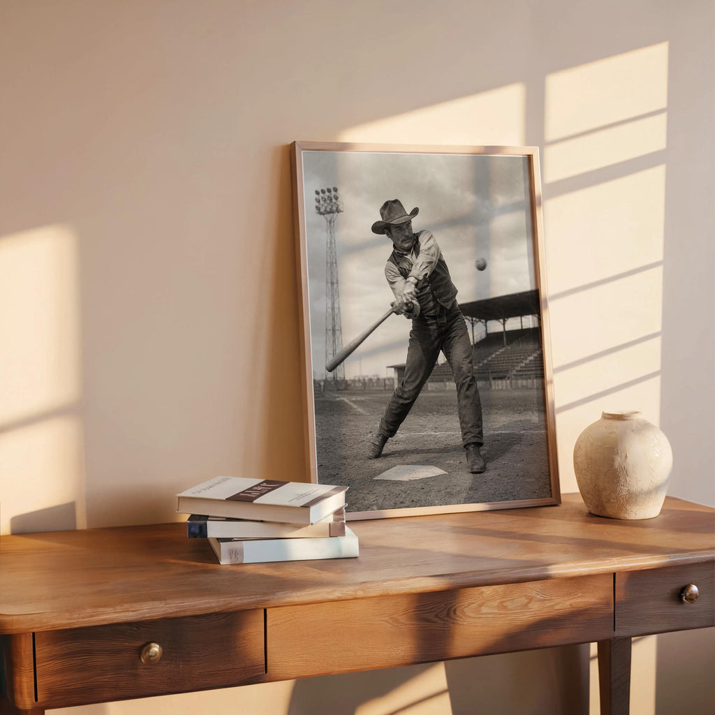 Cowboy Baseball Wall Art, Surreal Vintage Sports Photography, Western Americana Print, Funny Baseball Gift, Boys Room Decor