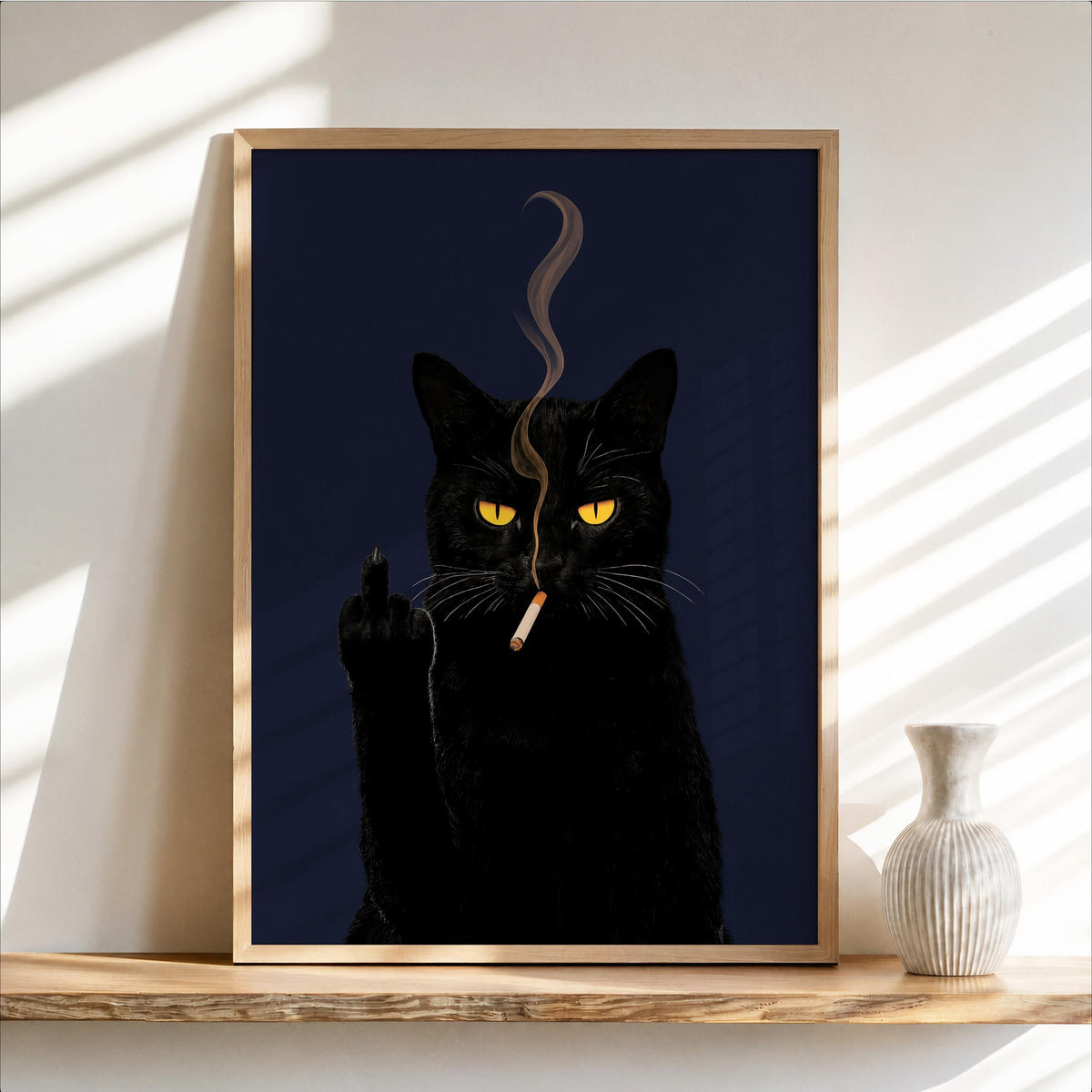 Sassy Black Cat Wall Art, Cat Smoking & Middle Finger Print, Bold Statement Decor, Cool Cat Lover Gift, Funny Pet Portrait