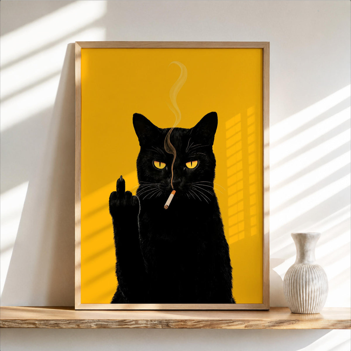Sassy Black Cat Wall Art, Cat Smoking & Middle Finger Print, Bold Statement Decor, Cool Cat Lover Gift, Funny Pet Portrait