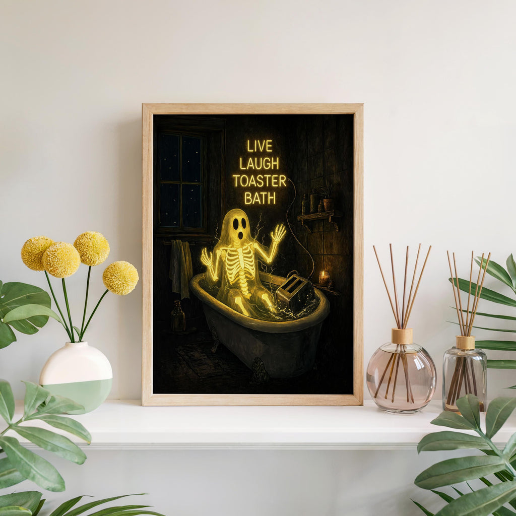 Live Laugh Toaster Bath Print, Funny Ghost Wall Art, Gothic Bathroom Decor, Halloween Poster, Spooky Season Home Gift, Dark Humor Artwork