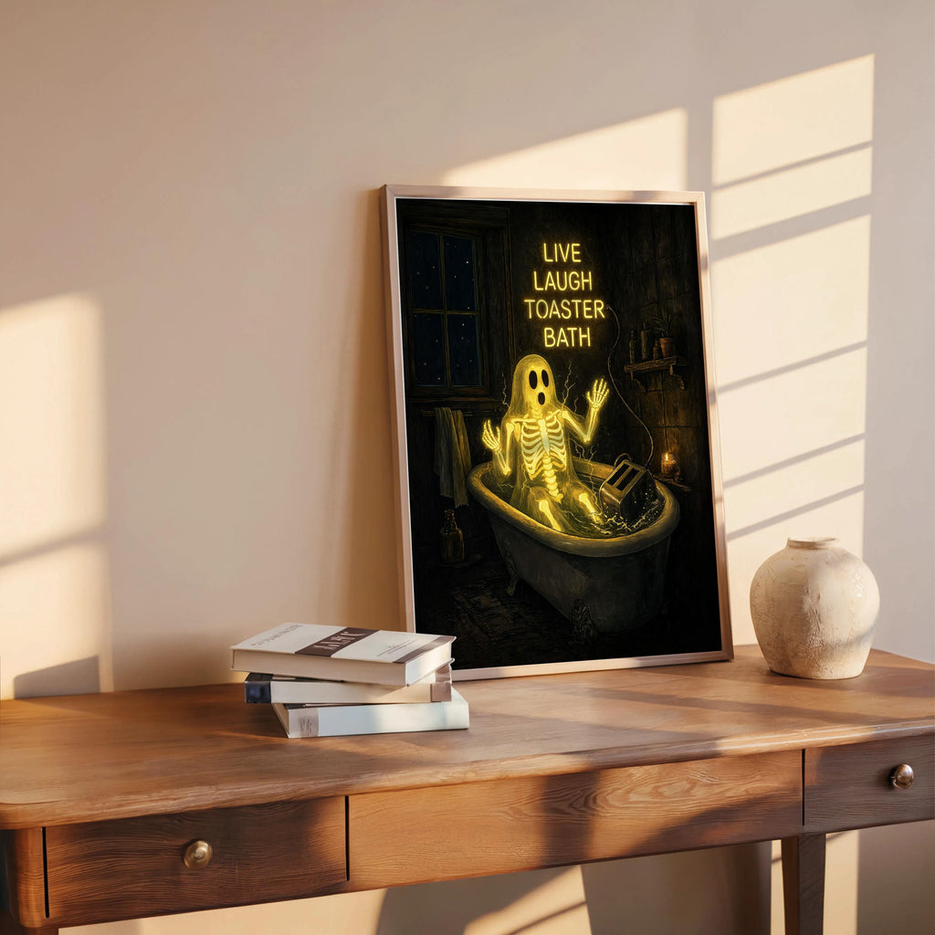 Live Laugh Toaster Bath Print, Funny Ghost Wall Art, Gothic Bathroom Decor, Halloween Poster, Spooky Season Home Gift, Dark Humor Artwork
