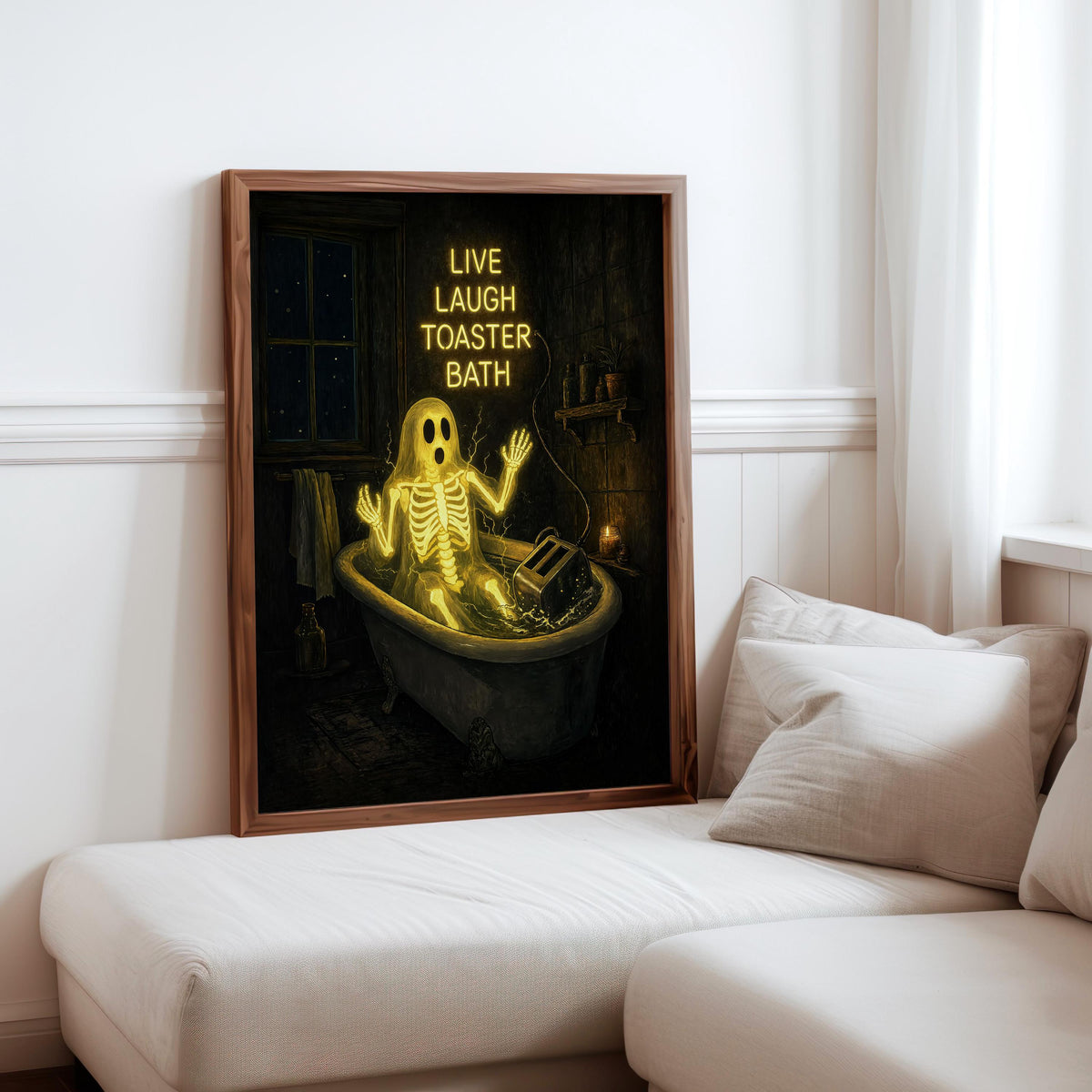 Live Laugh Toaster Bath Print, Funny Ghost Wall Art, Gothic Bathroom Decor, Halloween Poster, Spooky Season Home Gift, Dark Humor Artwork