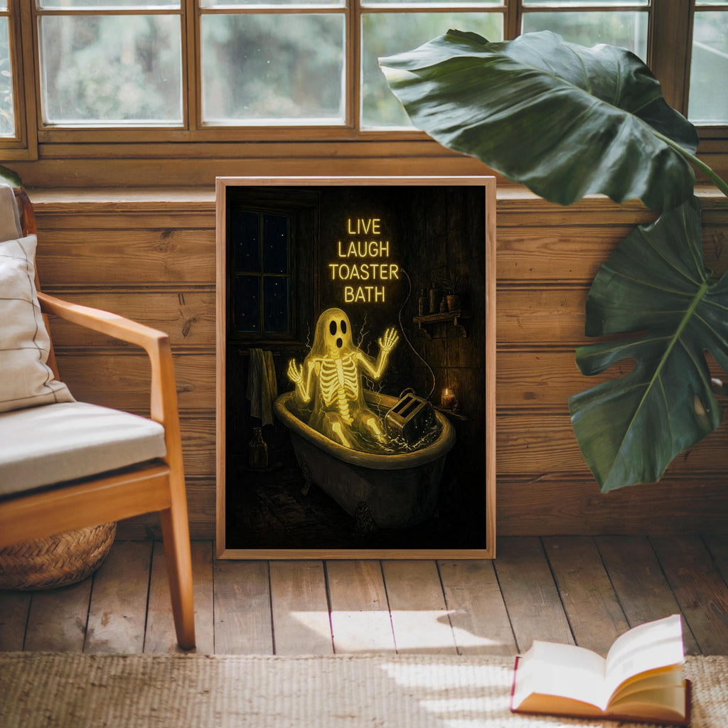 Live Laugh Toaster Bath Print, Funny Ghost Wall Art, Gothic Bathroom Decor, Halloween Poster, Spooky Season Home Gift, Dark Humor Artwork