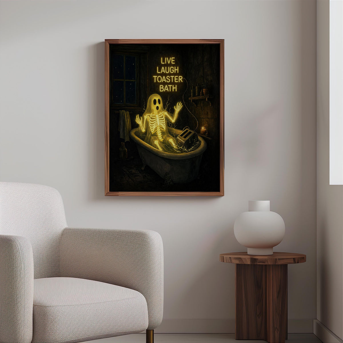 Live Laugh Toaster Bath Print, Funny Ghost Wall Art, Gothic Bathroom Decor, Halloween Poster, Spooky Season Home Gift, Dark Humor Artwork