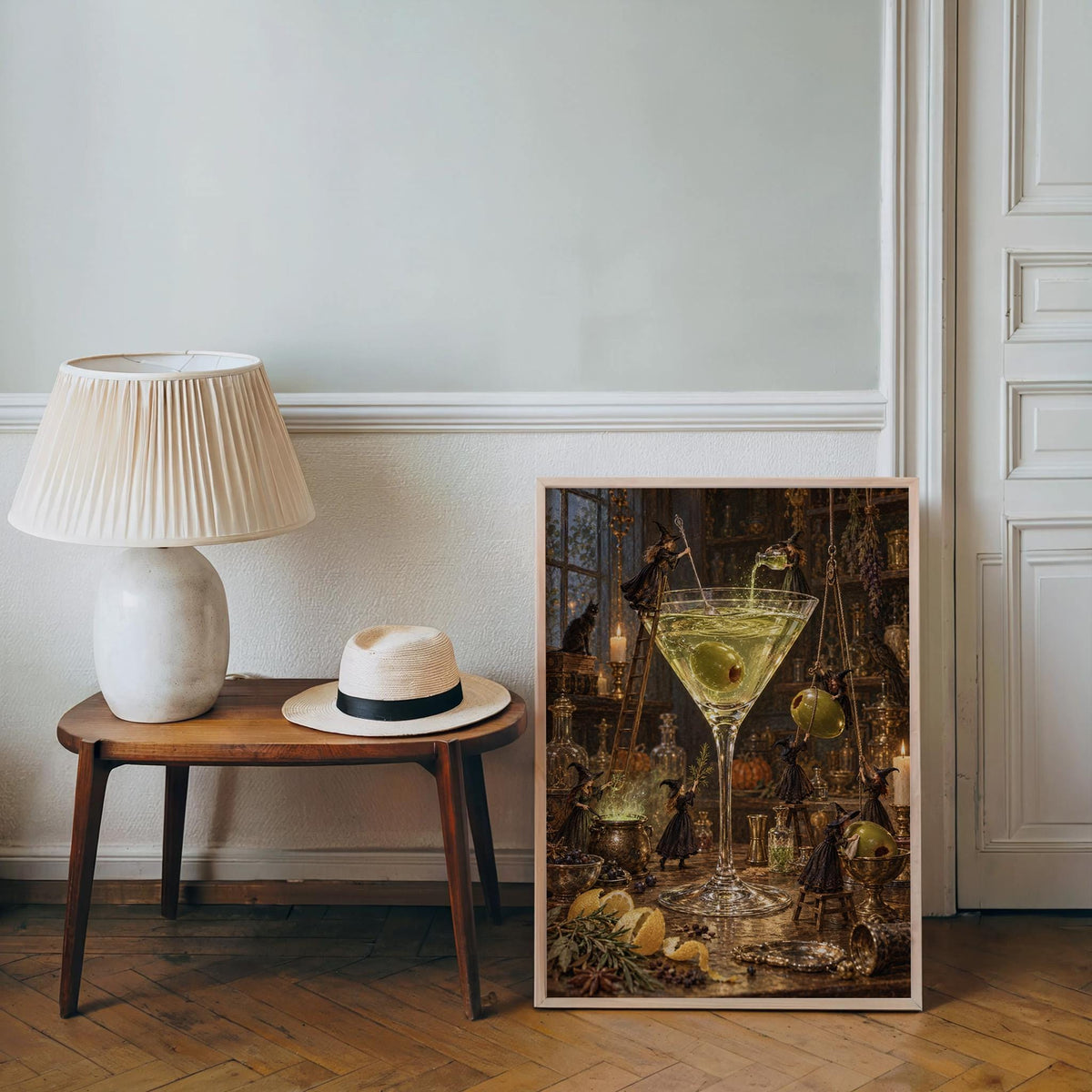 Martini Witches Halloween Print, Tiny People Spooky Season Poster, Vintage Potion Kitchen Wall Decor, Whimsical Cocktail Bar Illustration