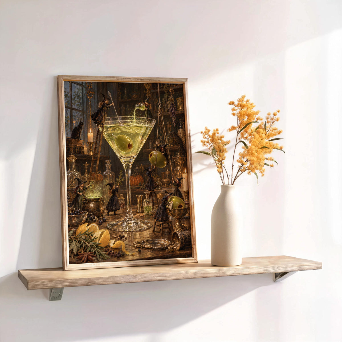 Martini Witches Halloween Print, Tiny People Spooky Season Poster, Vintage Potion Kitchen Wall Decor, Whimsical Cocktail Bar Illustration