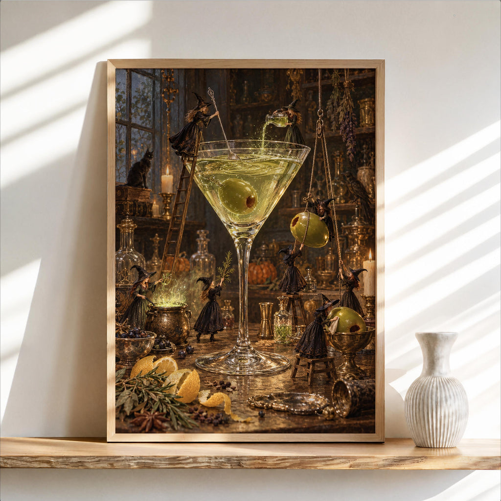 Martini Witches Halloween Print, Tiny People Spooky Season Poster, Vintage Potion Kitchen Wall Decor, Whimsical Cocktail Bar Illustration