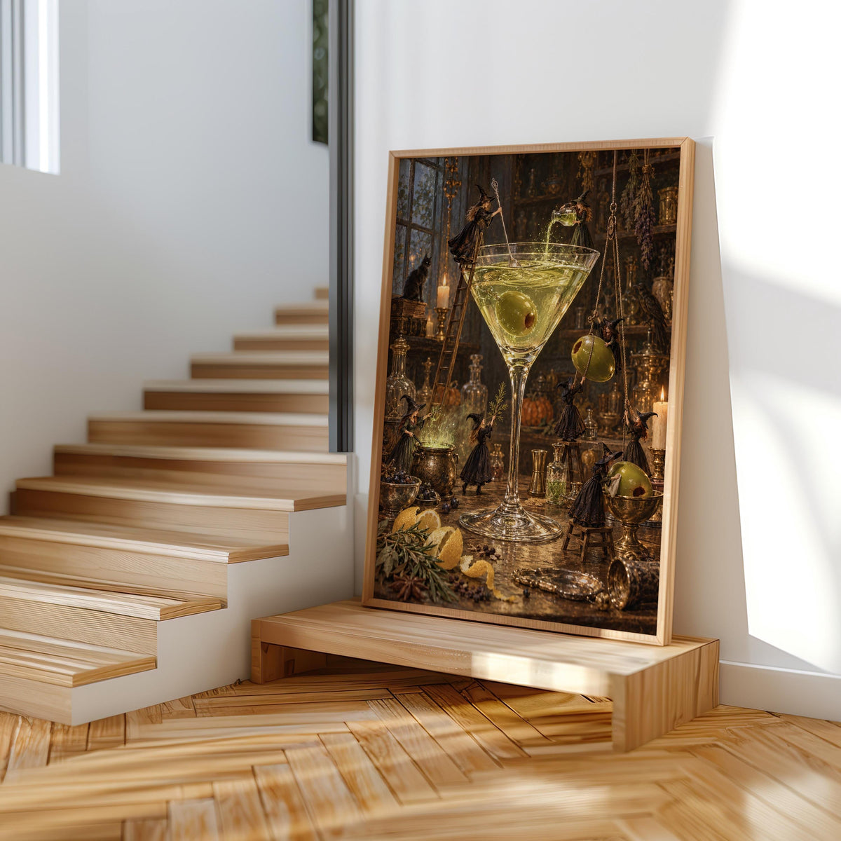 Martini Witches Halloween Print, Tiny People Spooky Season Poster, Vintage Potion Kitchen Wall Decor, Whimsical Cocktail Bar Illustration