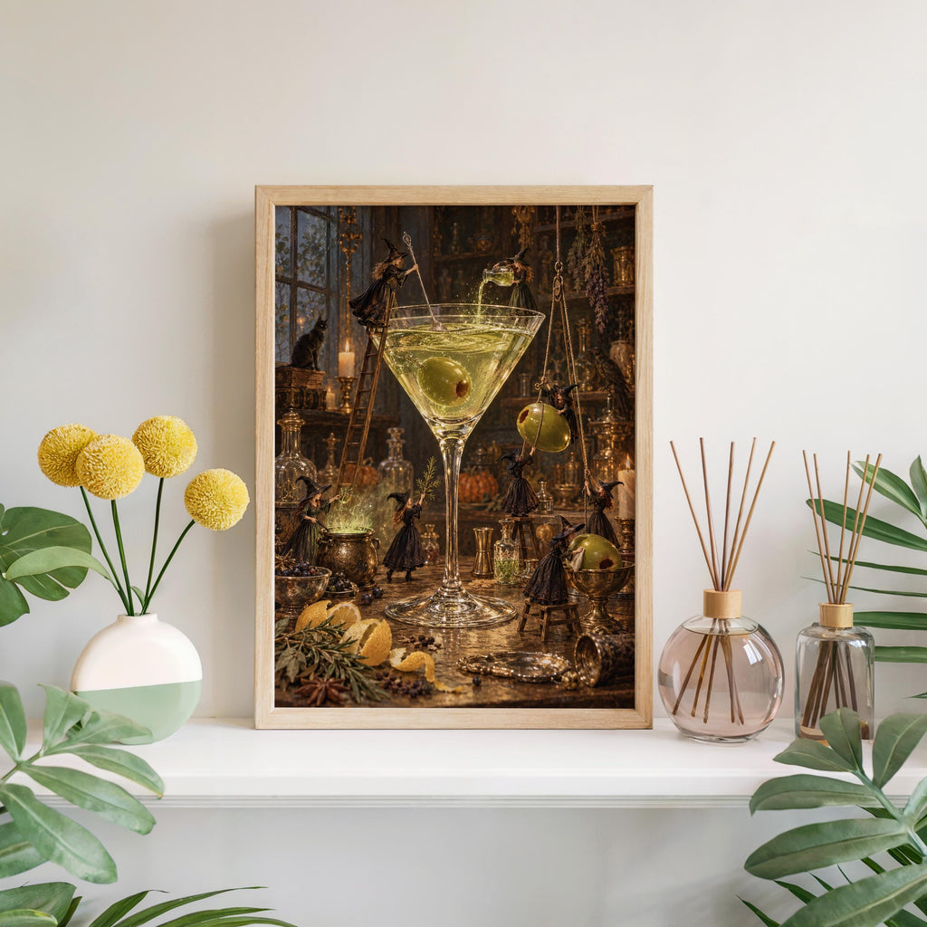 Martini Witches Halloween Print, Tiny People Spooky Season Poster, Vintage Potion Kitchen Wall Decor, Whimsical Cocktail Bar Illustration