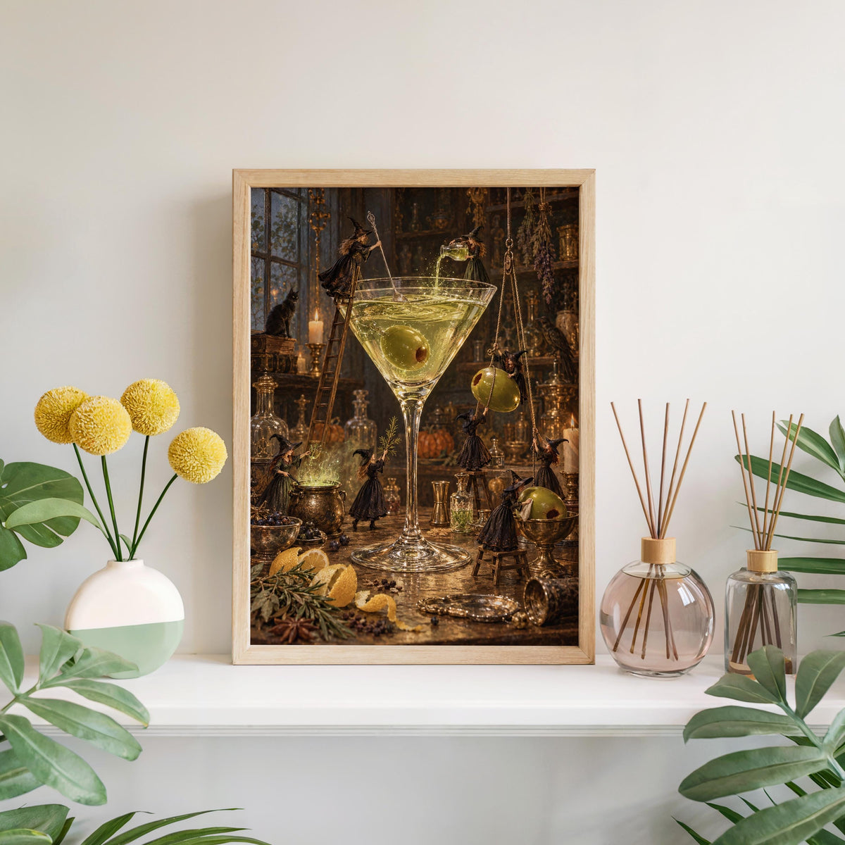 Martini Witches Halloween Print, Tiny People Spooky Season Poster, Vintage Potion Kitchen Wall Decor, Whimsical Cocktail Bar Illustration