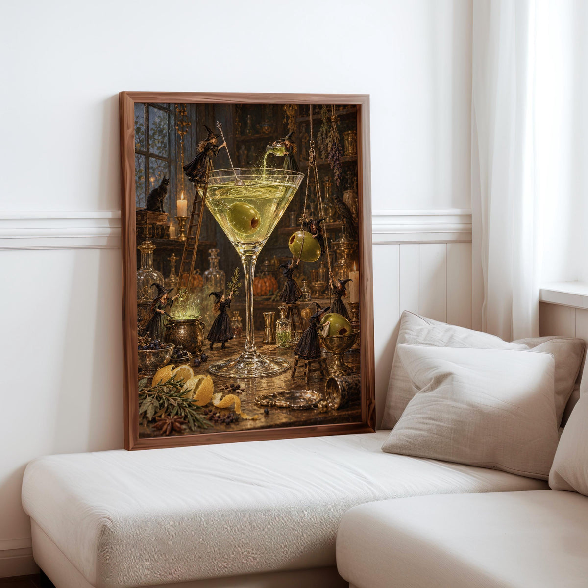 Martini Witches Halloween Print, Tiny People Spooky Season Poster, Vintage Potion Kitchen Wall Decor, Whimsical Cocktail Bar Illustration