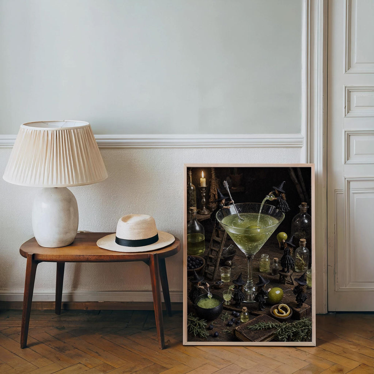 Martini Witches Halloween Potion Print, Tiny People Cocktail Poster, Vintage Magical Bar Decor, Autumn Miniature Figures Kitchen Wall Art