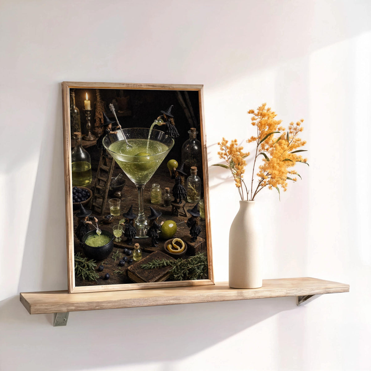 Martini Witches Halloween Potion Print, Tiny People Cocktail Poster, Vintage Magical Bar Decor, Autumn Miniature Figures Kitchen Wall Art