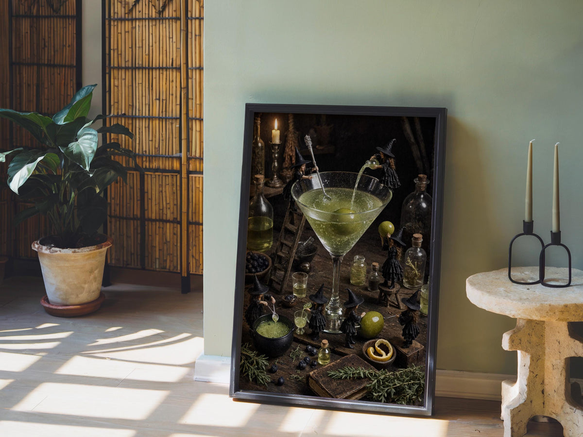 Martini Witches Halloween Potion Print, Tiny People Cocktail Poster, Vintage Magical Bar Decor, Autumn Miniature Figures Kitchen Wall Art
