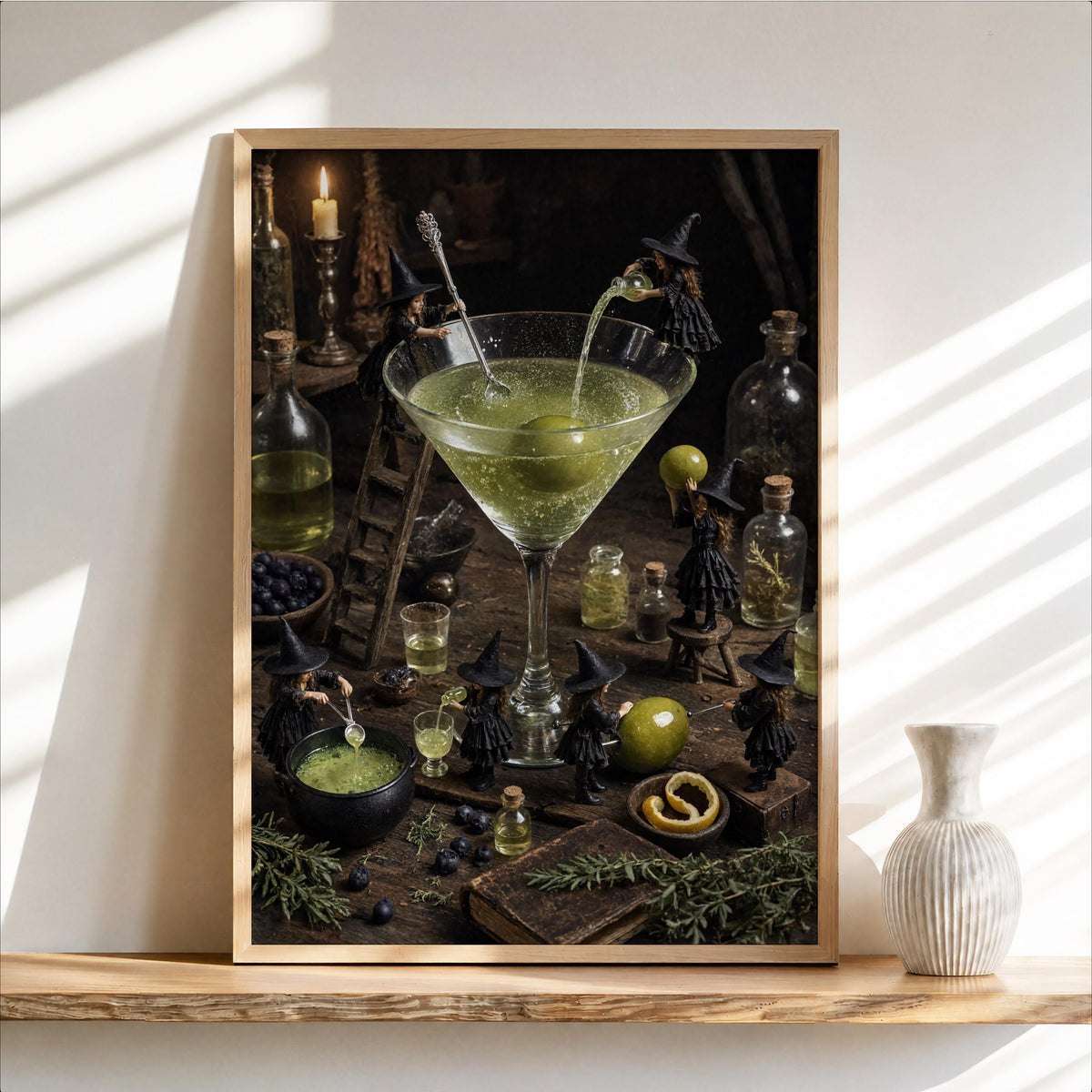 Martini Witches Halloween Potion Print, Tiny People Cocktail Poster, Vintage Magical Bar Decor, Autumn Miniature Figures Kitchen Wall Art