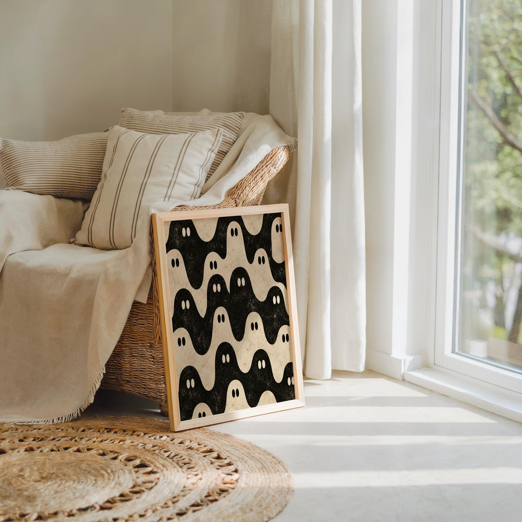 Ghost Pattern Print, Black and White Halloween Wall Art, Repeating Spooky Poster, Cute Funny Gothic Decor, Dark Academia Gift