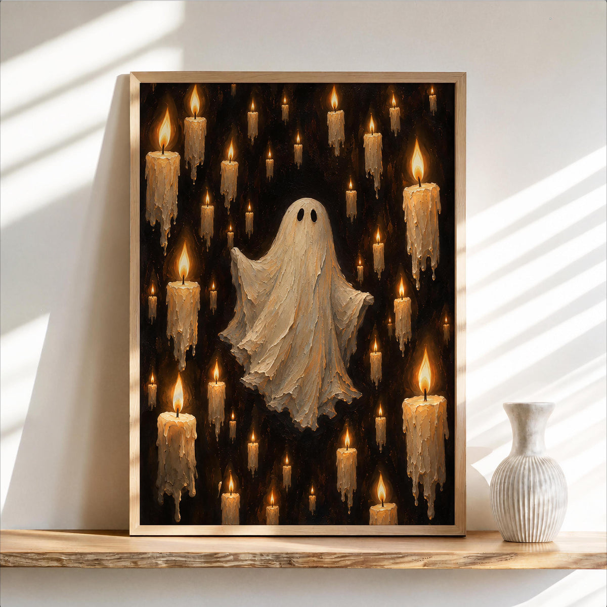 Halloween Ghost & Candles Print, Gothic Wall Decor, Haunted Candle Poster, Spooky Vintage Halloween Art, Dark Home Decoration