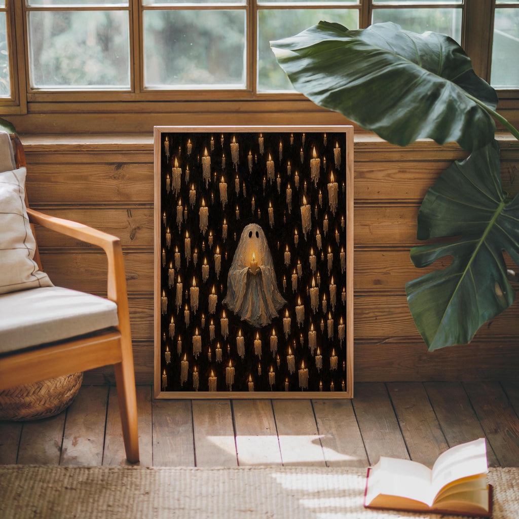 Ghost Among Candles Print, Cute Dark Gothic Wall Art, Macabre Halloween Decor, Candlelight Poster, Mysterious Vintage Home Style