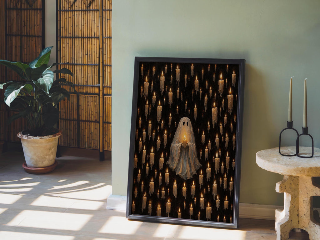Ghost Among Candles Print, Cute Dark Gothic Wall Art, Macabre Halloween Decor, Candlelight Poster, Mysterious Vintage Home Style