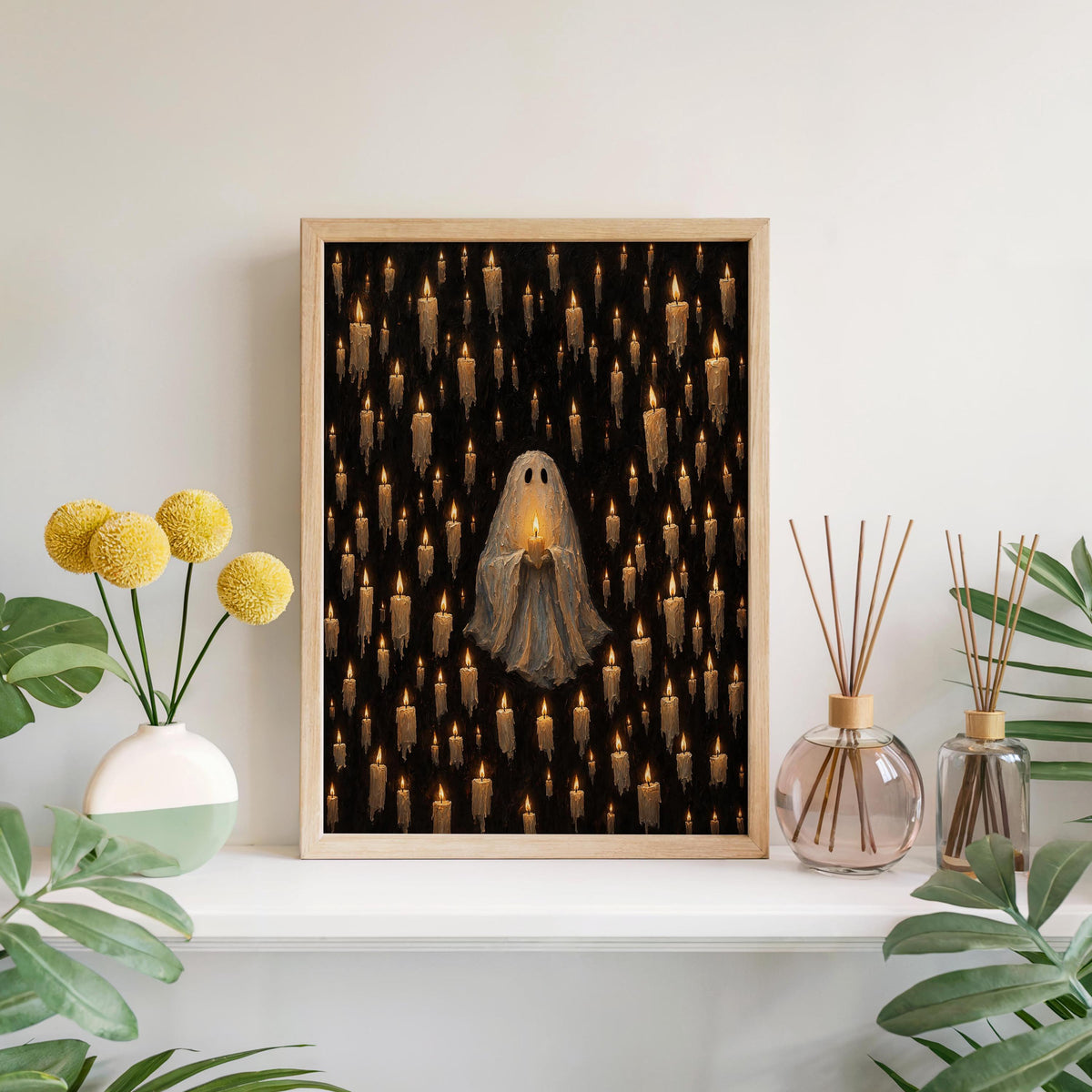 Ghost Among Candles Print, Cute Dark Gothic Wall Art, Macabre Halloween Decor, Candlelight Poster, Mysterious Vintage Home Style