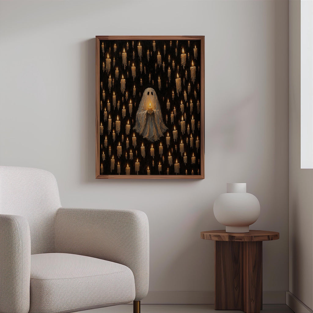 Ghost Among Candles Print, Cute Dark Gothic Wall Art, Macabre Halloween Decor, Candlelight Poster, Mysterious Vintage Home Style