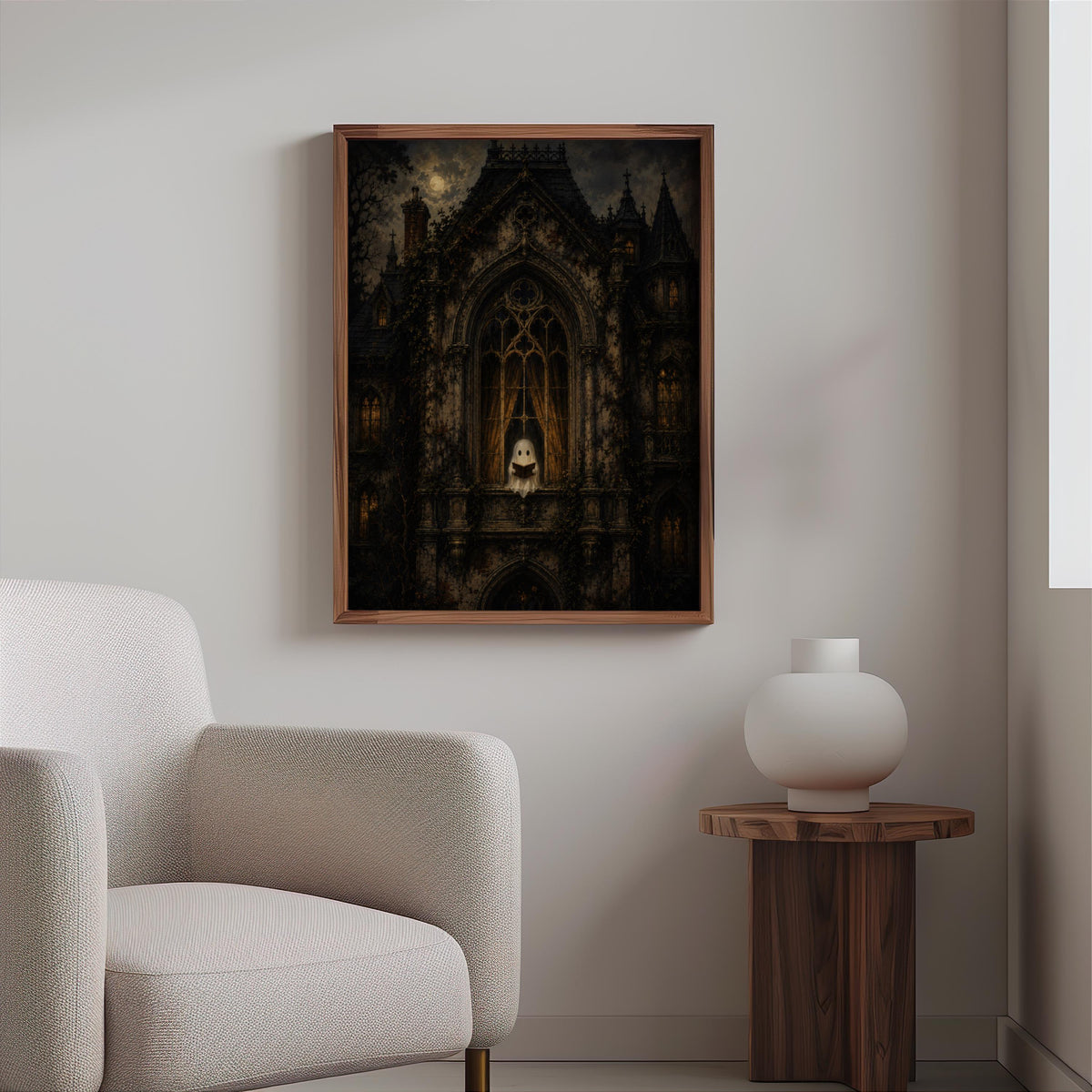 Ghost Reading in Haunted House Wall Art, Cute Dark Academia Decor, Cottagecore Halloween Print, Spooky Gothic Poster, Bookish Library Gift