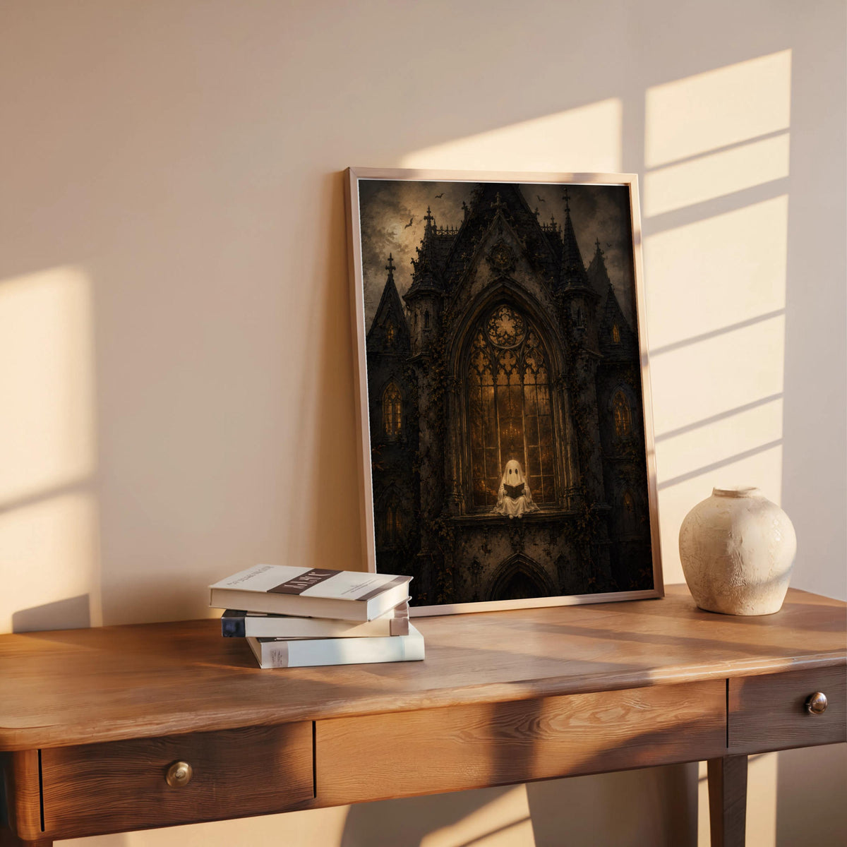 Desk vignette with leaning gothic haunted house wall art, notebooks and sunlight, dark autumn wall decor styling